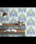 Top Shelf PVC Free Preppy Wallpaper With Heavy Duty Matte Linen Texture Ideal For Busy Homes Or Tight Offices on display with plants and lamp.