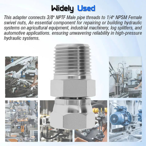 3/8 NPTF Male To 1/4 NPSM Female Hydraulic Swivel Adapter With 360 Degree Swivel, Easy Alignment, No Hose Kinks, Tight Space Ready, Heavy Duty Fluid Transfer Connection, carbon steel