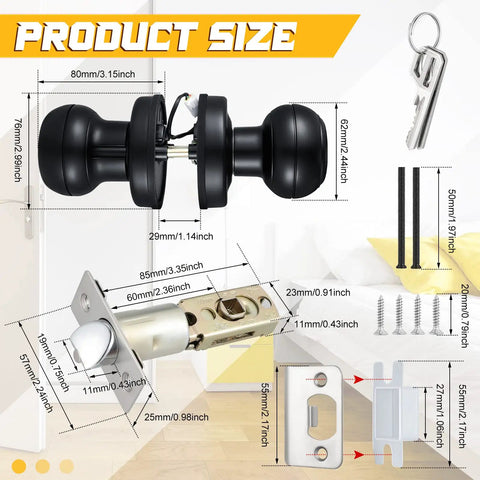 Smart Fingerprint Keyless Entry Door Lock With App Control For Home Hotel Office Apartment And Bedroom Black Two Pack Biometric Door Lock With 3 Unlock Methods Fingerprint App And Key Safe And Easy To Use, showing size dimensions and components.