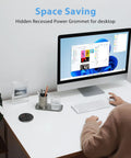 Slick Flush Mount Desktop Power Grommet Offering Recessed Layout With Two AC Outlets PD 20W USB C Fast Charge Port And Ethernet Jack on a workspace.