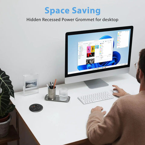 Slick Flush Mount Desktop Power Grommet Offering Recessed Layout With Two AC Outlets PD 20W USB C Fast Charge Port And Ethernet Jack on a workspace.