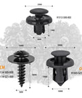 Premium 120 Piece Bumper And Fender Retainer Clip Kit With Splash Shield Wheelwell Screws showing various clip sizes and designs.