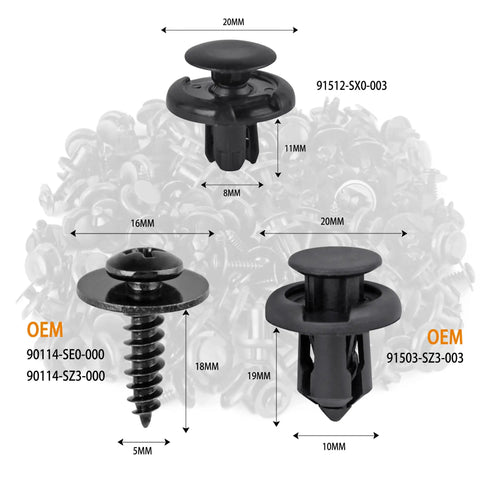 Premium 120 Piece Bumper And Fender Retainer Clip Kit With Splash Shield Wheelwell Screws showing various clip sizes and designs.