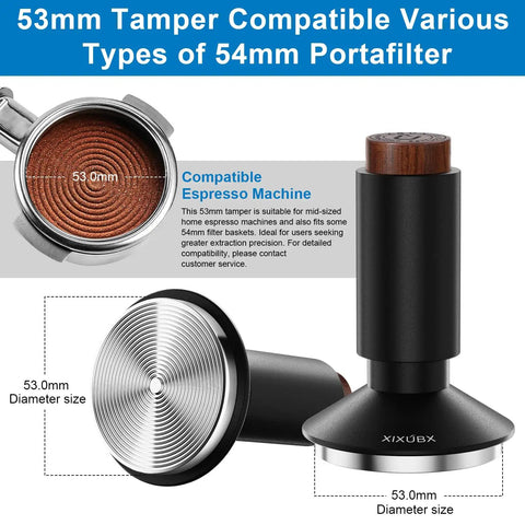 2-In-1 Espresso Tamper And Magnetic WDT Tool with 53mm spring-loaded base, anodized aluminum handle, and corrugated base design