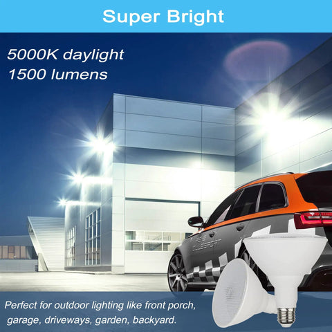 Radar Motion Sensor LED Flood Bulb Outdoor Use 15W 5000K Daylight PAR38 E26 Base 1500LM Dusk To Dawn 100W Equivalent 360 Degree Motion Detection Wide Coverage 2 Pack, outdoor-lit garage