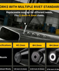 Heavy Duty Brushless Cordless Rivet Gun Tool Compatible With Dewalt 20V Max Battery, nozzles for 2.4mm-4.8mm rivets.