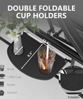 Double foldable cup holder on three seat patio swing with adjustable canopy and stand, holding a drink, 800 lbs capacity, grey.
