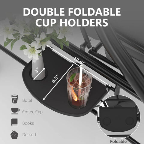 Double foldable cup holder on three seat patio swing with adjustable canopy and stand, holding a drink, 800 lbs capacity, grey.