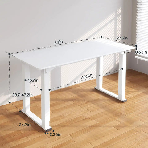 Massive 63 X 28 Electric Standing Desk Built With A Badass Four Leg Frame Smooth Motorized Height Adjustment dimensions in bright room.