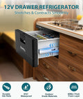 Dude Ready 12 Volt Pull Out Refrigerator 33 Quart app controlled drawer fridge in kitchen cabinet with drinks.