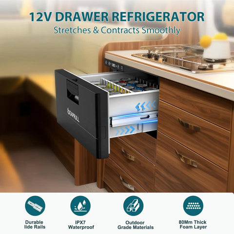 Dude Ready 12 Volt Pull Out Refrigerator 33 Quart app controlled drawer fridge in kitchen cabinet with drinks.
