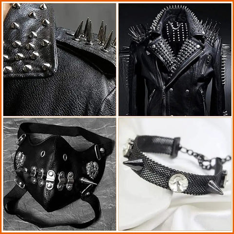 Badass Punk Spikes And Studs Kit 150 Piece Mixed Shape Gun Black Leather Rivets With Easy Screw Back Install Tools on jackets, masks, and jewelry.