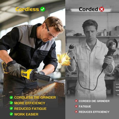 Comparison of Heavy Duty Brushless Die Grinder Cordless Power Tool With One Quarter Inch Chuck For Pro Shops against a corded grinder.