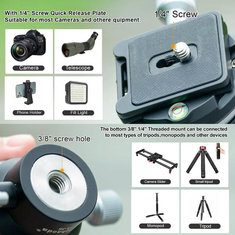 Heavy Duty Tripod Leveling Base Camera Leveler Featuring Arca Swiss Half Ball Mount with 1/4" screw for various equipment.