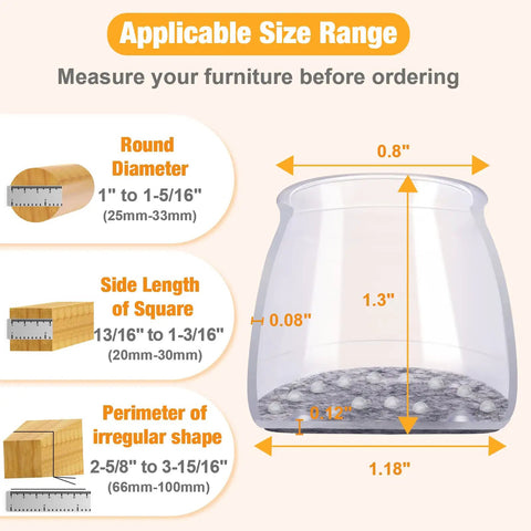 Diagram showing applicable size range for Upgraded 24 Pack Silicone Chair Leg Caps With Felt Pads, fits 1-1.3 inch round and square feet.
