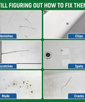 Mixed surface damages including scratches, chips, cracks, blemishes, muds, and spots, suitable for Tub And Tile Touch Up Paint Kit In High Gloss White For Scratches And Chips On Tubs Tiles Sinks Toilets And Fiberglass Quick Dry Porcelain Repair Paint Enamel 1.5 Fl Oz repair