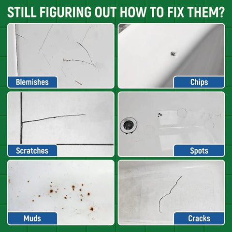 Mixed surface damages including scratches, chips, cracks, blemishes, muds, and spots, suitable for Tub And Tile Touch Up Paint Kit In High Gloss White For Scratches And Chips On Tubs Tiles Sinks Toilets And Fiberglass Quick Dry Porcelain Repair Paint Enamel 1.5 Fl Oz repair