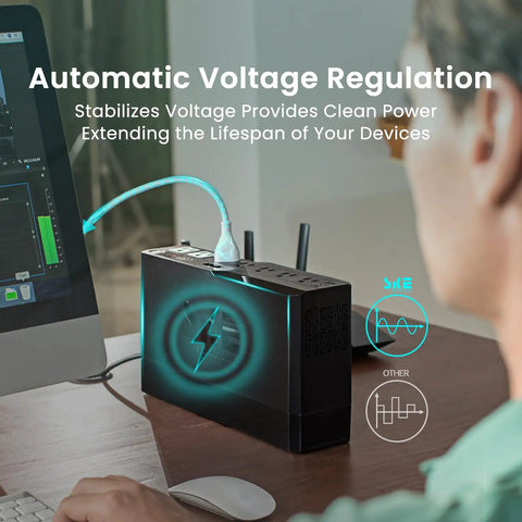 Uninterruptible Power Supply With AVR Battery Backup And Surge Protector for home office, showing 7 outlets, USB charging.
