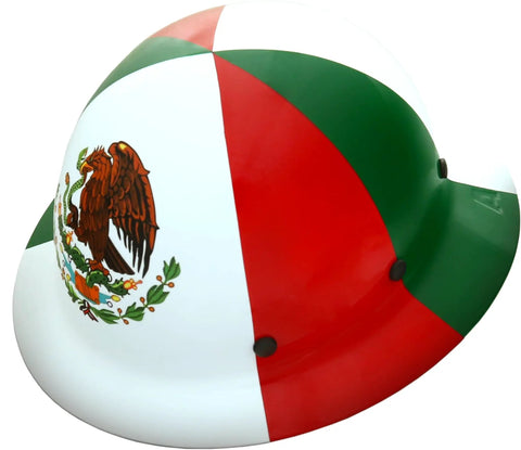 Kevlar Fiber Glass Full Brim Hard Hat With Six Point Ratchet Suspension, OSHA And ANSI Rated, Mexican flag design, side view