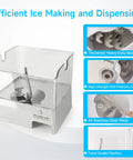 Removable ice bin for Whirlpool ice maker, clear plastic with stainless steel auger inside.