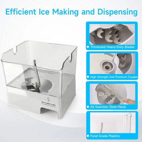 Removable ice bin for Whirlpool ice maker, clear plastic with stainless steel auger inside.