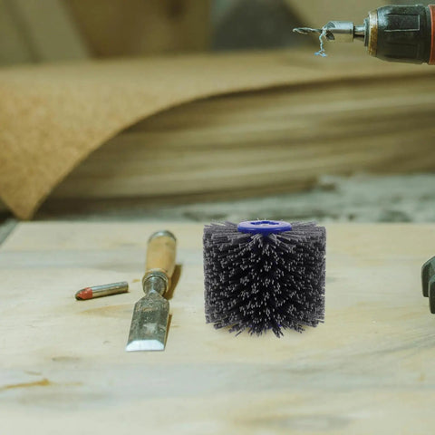 Awesome 60 Grit ORFOFE Nylon Buffing Wheel With Carborundum on a workbench next to tools for polishing wood furniture.