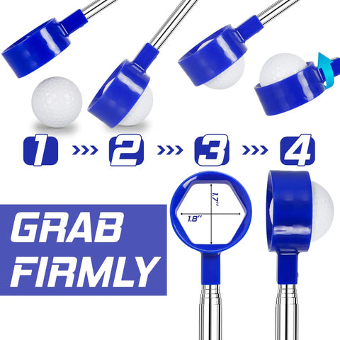Usage steps of Telescopic 9 Foot Golf Ball Retriever With Stainless Steel Shaft And Unbreakable Nylon Head showing grabbing process.