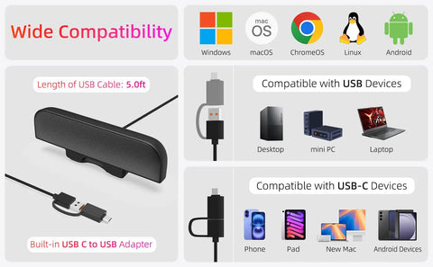 Compatibility chart showing USB computer speakers with USB-C adapter, works with Windows, Mac, Chrome, Linux, Android, and more