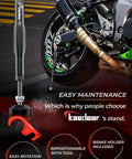 Beefy Aluminum Build Bike Maintenance Stand With Brake Holder And Ergonomic Grip Stand For Chain Cleaning Lubrication And Service Lightweight Motorcycle Stand KDRST1 next to motorcycle