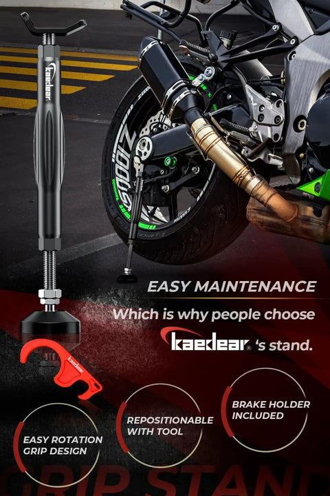 Beefy Aluminum Build Bike Maintenance Stand With Brake Holder And Ergonomic Grip Stand For Chain Cleaning Lubrication And Service Lightweight Motorcycle Stand KDRST1 next to motorcycle