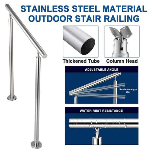 Dang Solid Two Tier Outdoor Stainless Steel Railing For Front Porch And Patio Steps With Secure Floor Mount Base Offering Custom Adjustable Height Top Shelf Deck Guardrail System Built Tough, showcasing thickened tube and adjustable angle.