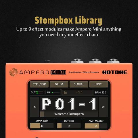 Ampero Mini MP-50 Guitar and Bass Amp Modeling Console With IR Cabinets detail of stompbox library display in orange