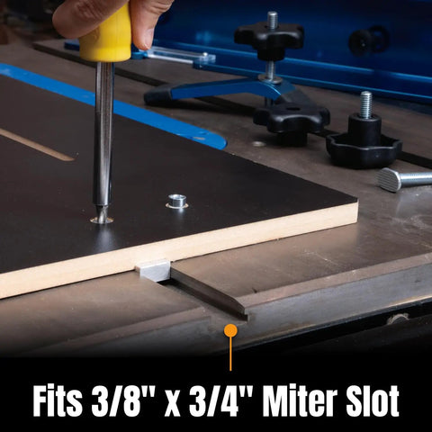 Crosscut Table Saw Sled Kit For Precise Woodworking Cuts With Aluminum Fence MDF Base Pro Grade Miter Bar Flip Stop Hold Down Clamp Wear Strips And Hardware Ready For Fast Accurate Results showing miter slot fitting.
