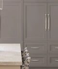 Polished Nickel Kane Appliance Pull Nineteen And A Quarter Inch Overall Length Eighteen Inch Center To Center One Pack Drawer Pull on gray cabinets