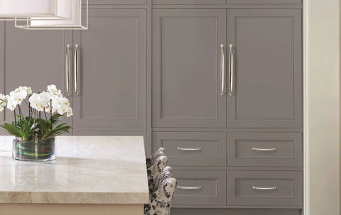 Polished Nickel Kane Appliance Pull Nineteen And A Quarter Inch Overall Length Eighteen Inch Center To Center One Pack Drawer Pull on gray cabinets