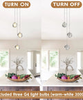 Raindrop Crystal Cluster Pendant Light With Bubble Orb Design 3 Light Hanging Fixture above kitchen island, on and off view