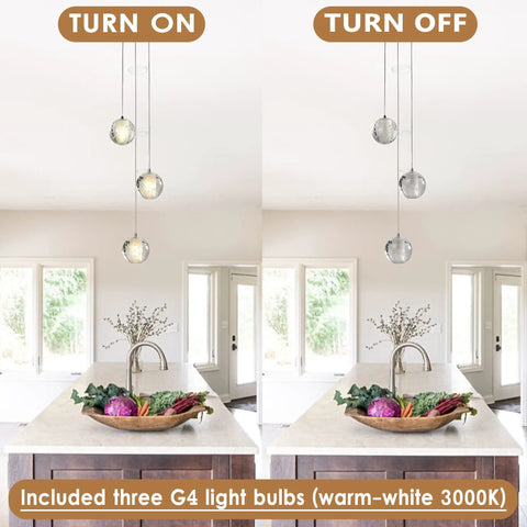 Three Light Bubble Orb Pendant With Chrome Finish Crystal Raindrop Cluster Chandelier over kitchen island, on and off view