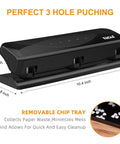 Low-Force No-Fuss 3-Hole Punch For 20-Sheet Capacity, heavy-duty black desktop punch with chip tray and dimensions shown