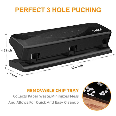 Low-Force No-Fuss 3-Hole Punch For 20-Sheet Capacity, heavy-duty black desktop punch with chip tray and dimensions shown