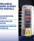 Beefy Six Independent Blade Fuse Block With Insulating Cover For Boats And RVs, 100 Amp; close-up view of design features.