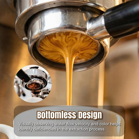 54mm Bottomless Portafilter for Barista Express and Breville Espresso Machines BES870XL BES840XL BES878 BES880BSS BES881BSS BES450BSS and More Pro Level Shot Quality Cleaner Flow Easy Dial In for Home Baristas chrome portafilter pulling espresso