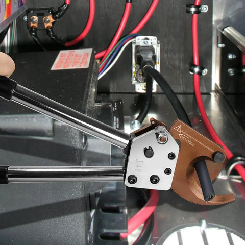 Beefed Up Heavy Duty Ratchet Cable Cutters for Copper and Aluminum Wires cutting a cable, showcasing clean and precise cut in use.