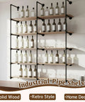 Industrial Pipe Shelf Five Tier 72 Inch Floating Pipe Book Shelves displaying bottles and glasses, iron pipes, natural wood finish