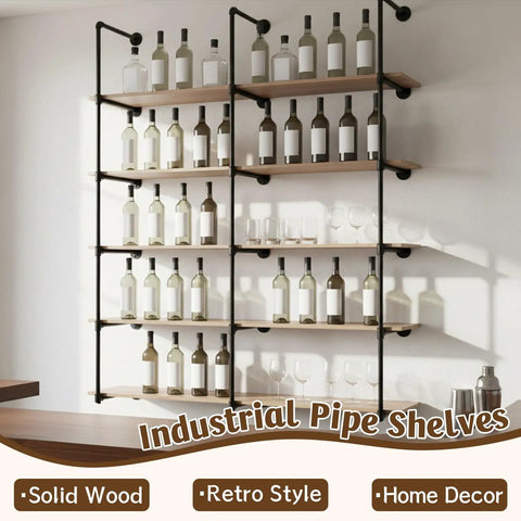 Industrial Pipe Shelf Five Tier 72 Inch Floating Pipe Book Shelves displaying bottles and glasses, iron pipes, natural wood finish