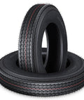 All Weather Radial Trailer Tire Set 4.80-12 6PR Load Range C Heavy Duty Deep Tread Tires stacked, side and top view