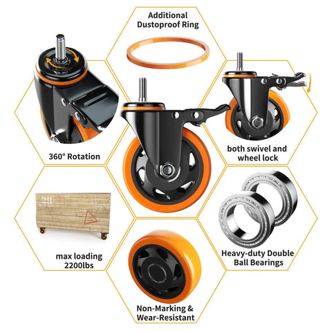 Heavy Duty 3 Inch Caster Wheels Set Of Four With Threaded Stem 1/2-13 X 1, visual features and specifications