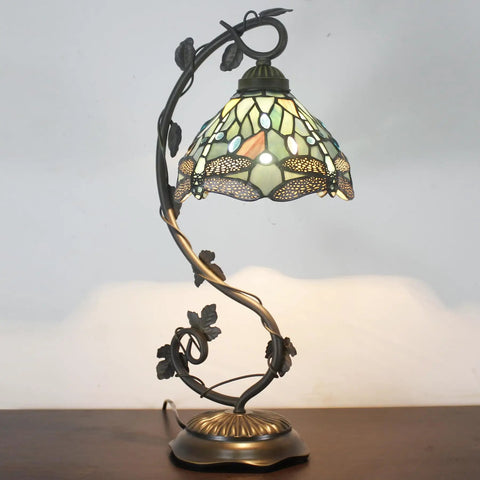 Sea Blue Tiffany Style Dragonfly Stained Glass Desk Lamp With Metal Leaf Base Reading Light For Bedside And Home Office 8x10x21 Inch UL Listed Easy On Off Cord Switch Cozy Decorative Lighting Perfect For Small Spaces
