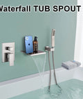 Brushed Nickel All Metal Wall Mounted Shower Faucet Set With Waterfall Tub Spout And High Pressure Handheld Spray shown in bathroom
