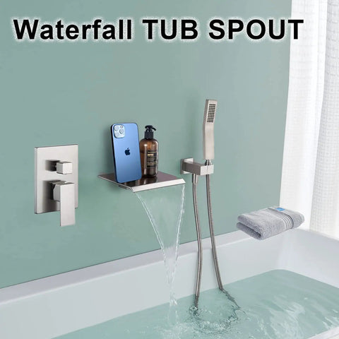 Brushed Nickel All Metal Wall Mounted Shower Faucet Set With Waterfall Tub Spout And High Pressure Handheld Spray shown in bathroom