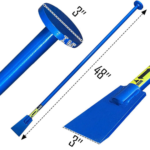 Two In One Beefy Post Hole Digging And Tamping Tool With Forty Eight Inch Dig Bar Spade Blade On One End And Round Tamper On The Other Heavy Duty Welded Steel For Fence Posts Landscaping And Gardening, showing tool dimensions and features